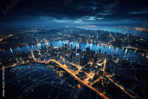 A captivating aerial view of a city skyline at night, illuminated by a web of dazzling lights. Generative Ai.