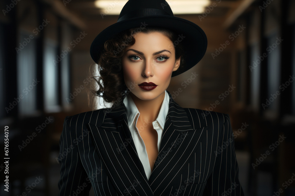 A confident vintage woman in a sharp pinstripe suit, channeling the power and strength of women in the 1940s. Generative Ai. - obrazy, fototapety, plakaty 