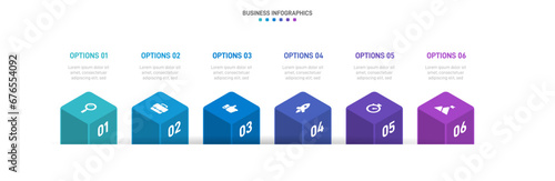 Timeline infographic with infochart. Modern presentation template with 6 spets for business process. Website template on white background for concept modern design. Horizontal layout.