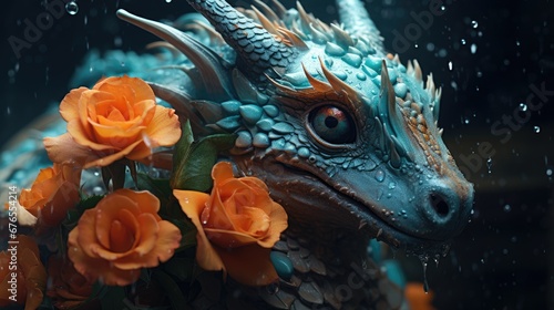  a close up of a dragon with flowers in it's mouth and water droplets on it's face. generative ai
