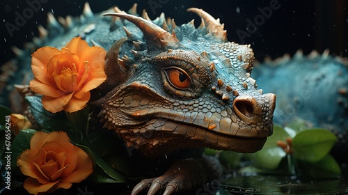  a close up of a statue of a dragon with flowers in it s mouth and water droplets on its face.  generative ai