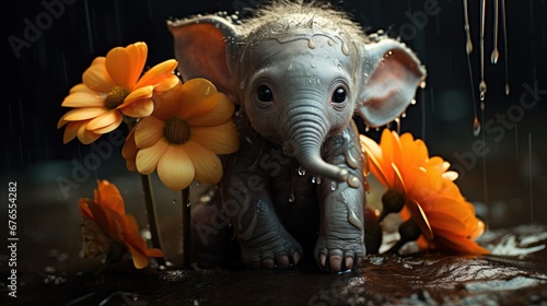  a baby elephant sitting on top of a puddle of water next to a bunch of flowers and a yellow flower. generative ai