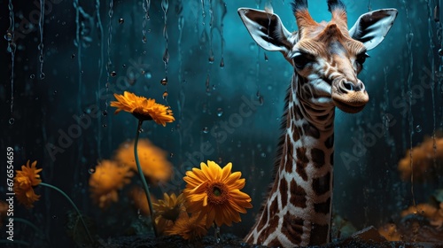  a close up of a giraffe near a bunch of flowers with rain falling down on it s face.  generative ai