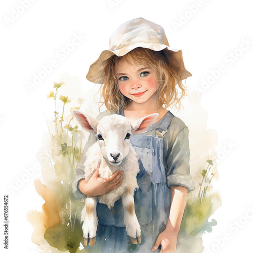  Little girl holding a little goat in her hand watercolor paint 