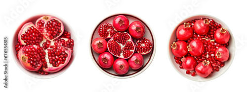 Pomegranate top view in different bowls over isolated transparent and white background
