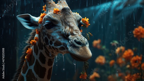  a close up of a giraffe with flowers on it's head and rain falling down on it.  generative ai © Anna