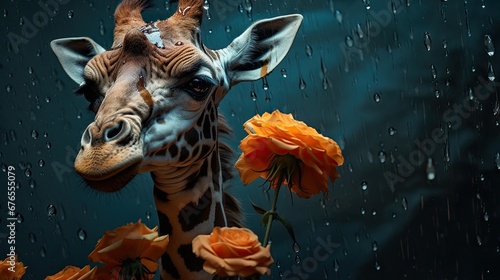  a giraffe standing in front of a window next to a bunch of orange flowers on a rainy day.  generative ai