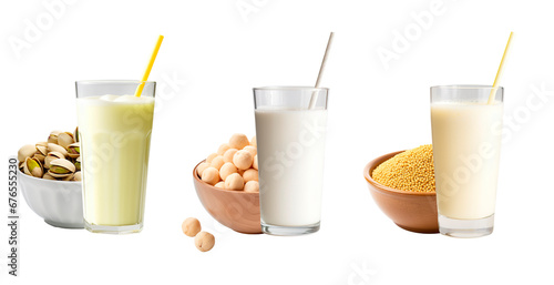 Vegetable milks made of pistachios, macadamia nuts and millet. Isolated transparent background