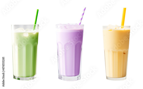 Three colorful milkshakes over white transparent background