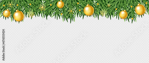 Christmas border with green fir branches, golden balls and snowflakes on a transparent background. Xmas evergreens banner. Vector Christmas tree decoration. Vector EPS 10