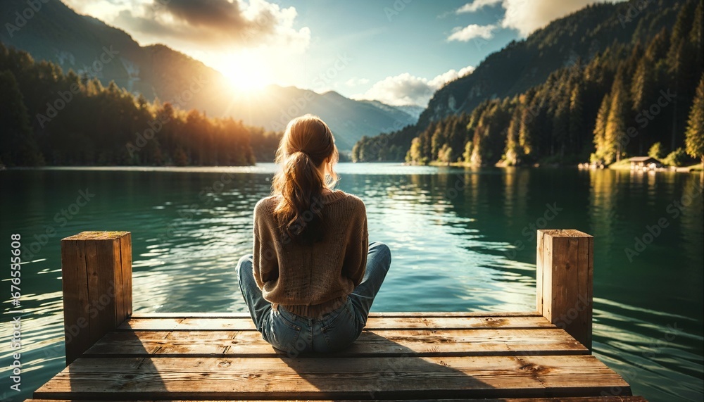 Young woman meditating on wooden pier with waterfall backdrop - serene nature photography