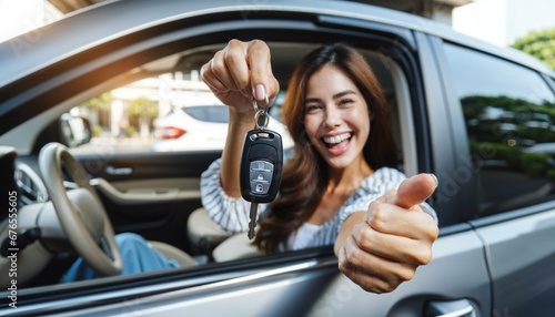Car rental concept - Cheerful woman with new auto keys - Delightful buyer's experience in vehicle industry photo