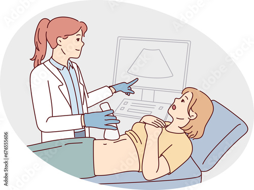 Doctor do belly ultrasound for female patient