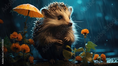  a hedgehog is standing in the rain with an umbrella in its hand and flowers in the foreground, and a yellow umbrella in the background. generative ai