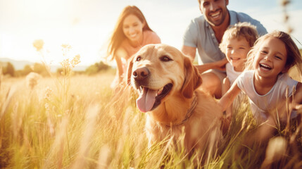  Happy family with dog in nature. Camping, travel, hiking.