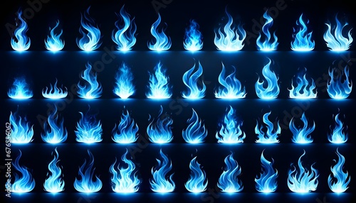 Blue abstract fire flame illustration collection on black background, ai generated