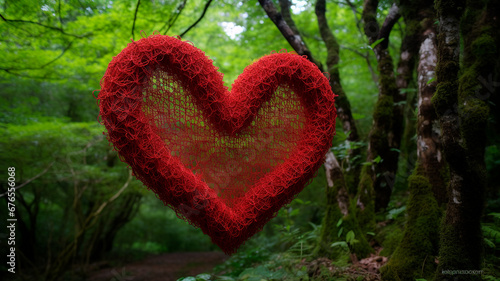 heart made of red wool on dark background. valentine day