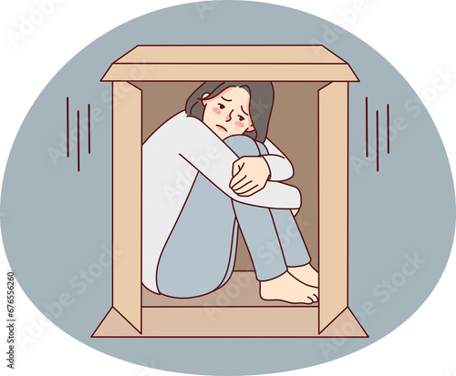 Unhappy woman hide in box