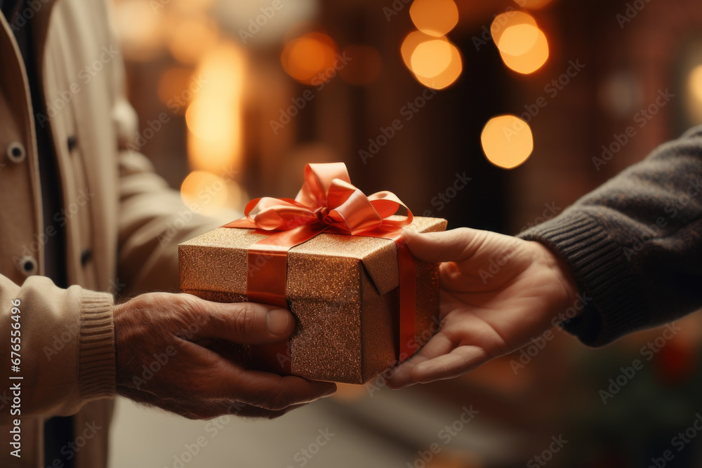 A person handing a gift to another, symbolizing the act of giving and social generosity. Generative Ai.