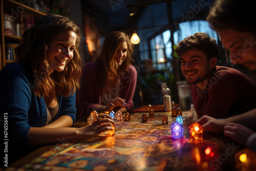 A board game night with friends  highlighting the joy of social activities. Generative Ai.