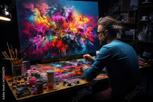 An artist absorbed in their work, using vibrant colors to bring a canvas to life, illustrating creative expression. Generative Ai.