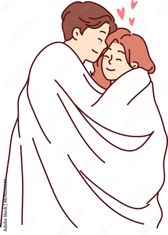 Romantic man and woman wrapped in white blanket embrace and feel love and passion Romantic man and woman wrapped in white blanket embrace and feel love and passion