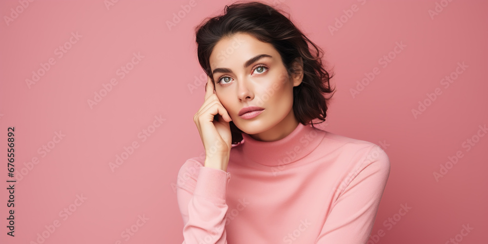Studio photo of woman thinking about an idea, pink background Studio photo of woman thinking about an idea, pink background