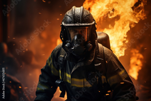 A firefighter in full gear rushing into a burning building to save lives, exemplifying bravery and heroism. Generative Ai.