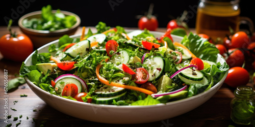 Salad: Fresh greens mixed with vegetables, fruits, proteins, and dressings