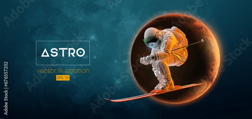 Abstract silhouette of a skiing astronaut in space action and Earth, Mars, planets on the background of the space. The skier man doing a trick. Carving Vector 3d render illustration