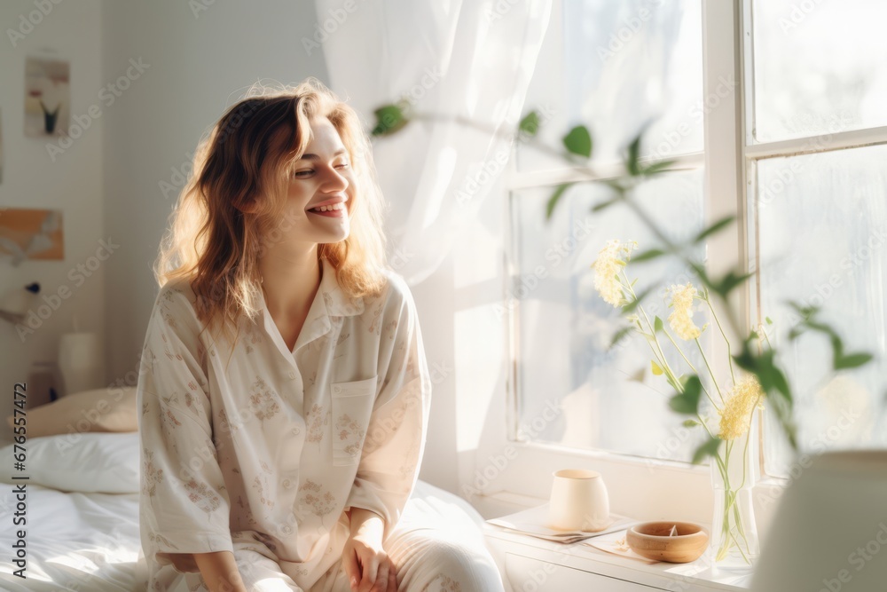 beautiful young smiling girl dressed in pajamas enjoying the sunshine while sitting on the bed beautiful young smiling girl dressed in pajamas enjoying the sunshine while sitting on the bed
