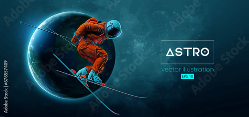 Abstract silhouette of a skiing astronaut in space action and Earth, Mars, planets on the background of the space. The skier man doing a trick. Carving Vector 3d render illustration