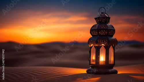 Illuminated arabian lamp in the desert