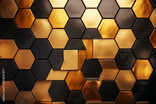 Hexagonal wall background with gold, tile wallpaper featuring luxurious, 3D blocks in a polished and shiny finish. Generative AI