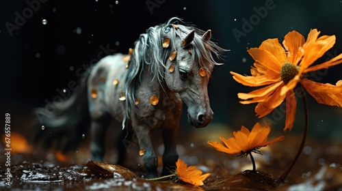  a horse standing next to a yellow flower in a puddle of water with drops of water on it s face.  generative ai