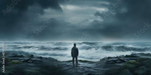 A man standing on the shore looking out into a murky ocean depicting the struggle between man and nature with ocean theme photo