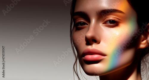 Retrato de una hermosa joven con un arco iris en la cara