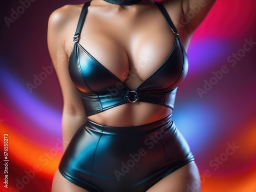 Young beautiful girl dressed in latex catsuit close-up, bdsm concept