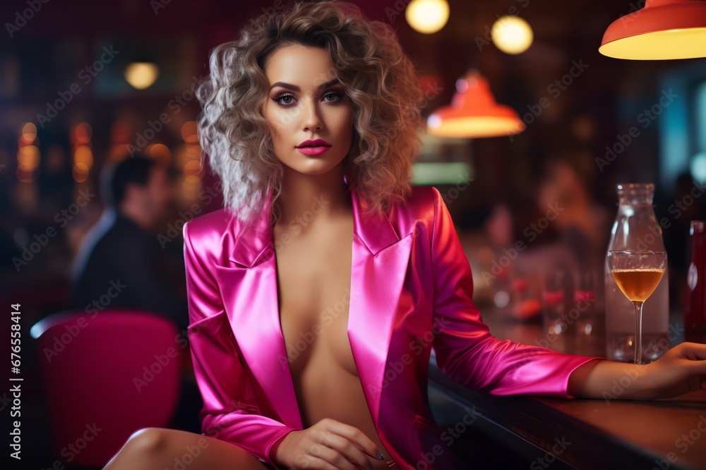 Young beautiful model woman wearing a sexy pink suit sitting in a bar with a glass of white wine