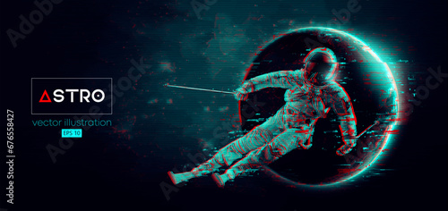 Abstract silhouette of a skiing astronaut in space action and Earth, Mars, planets on the background of the space. The skier man doing a trick. Carving Vector 3d render illustration