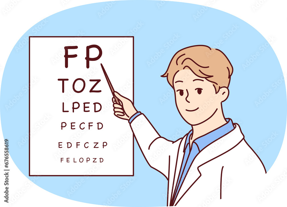 Man doctor holds out pointer to poster with letters for checking eyesight of patients. Vector image Man doctor holds out pointer to poster with letters for checking eyesight of patients. Vector image
