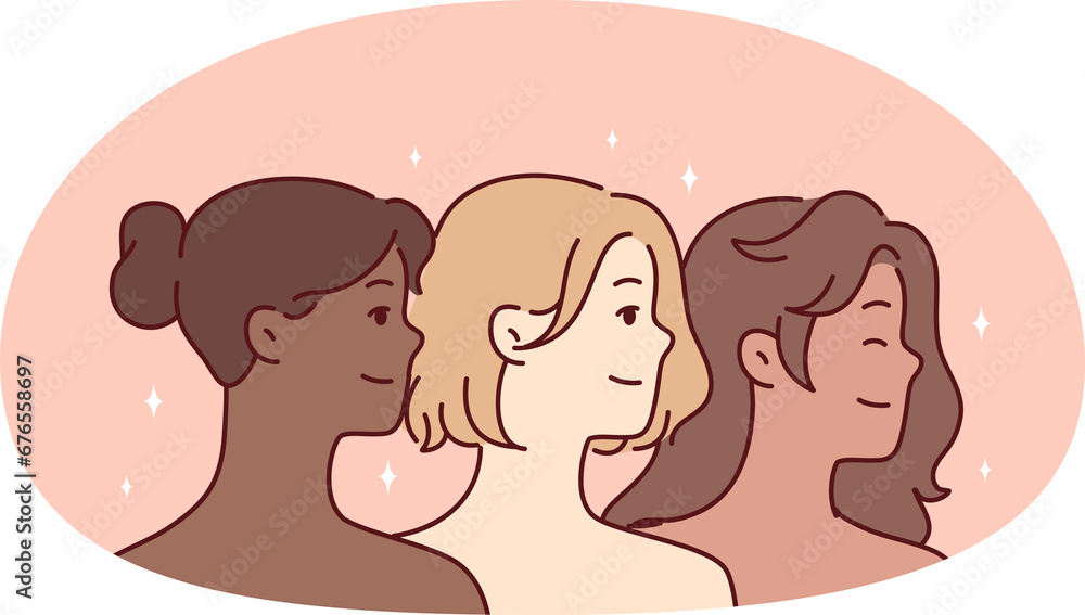 Diverse multiracial beautiful women with bare shoulders look one way and smile. Vector image Diverse multiracial beautiful women with bare shoulders look one way and smile. Vector image