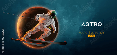 Abstract silhouette of a skiing astronaut in space action and Earth, Mars, planets on the background of the space. The skier man doing a trick. Carving Vector 3d render illustration