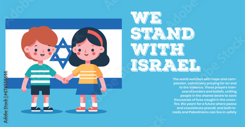 I Stand with ISRAEL war Peace Banner to support ISRAEL Kids holding hands Illustration Art for Posters Social Media Instagram Posts Editorial Blogs Palestine Gaza Hamas Pray peace end of war Templat