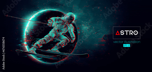 Abstract silhouette of a skiing astronaut in space action and Earth, Mars, planets on the background of the space. The skier man doing a trick. Carving Vector 3d render illustration