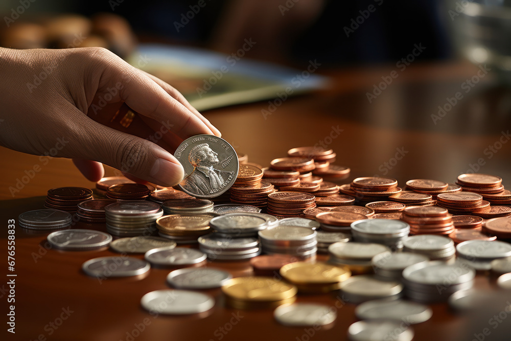 A close-up of a bank teller counting coins and bills, symbolizing the Concept of loan repayment. Generative Ai. A close-up of a bank teller counting coins and bills, symbolizing the Concept of loan repayment. Generative Ai.