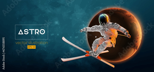 Abstract silhouette of a skiing astronaut in space action and Earth, Mars, planets on the background of the space. The skier man doing a trick. Carving Vector 3d render illustration