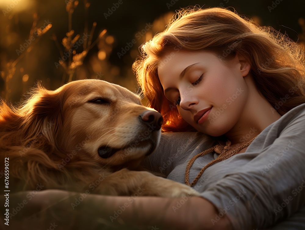 Adult girl hugs dog Labrador with her eyes closed in the warm rays of the sun, AI