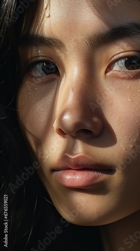 A close-up of a young woman with water drops on her face. Generative AI.