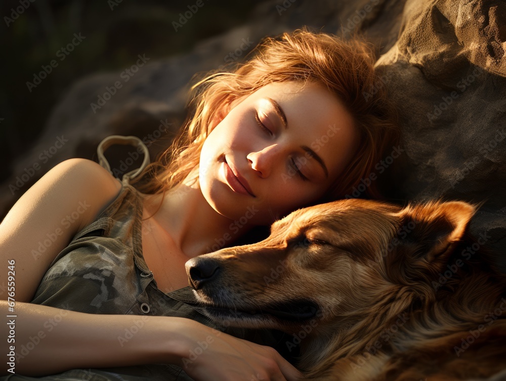 Military girl hugs dog with her eyes closed in the warm autumn rays of the sun, AI
